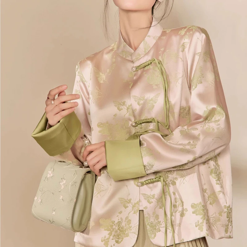 

2024 Spring Fall Chinese Style Women Clothing Imitation Silk Floral Green Patchwork Coat Jacket , Woman Vintage Casual Coats