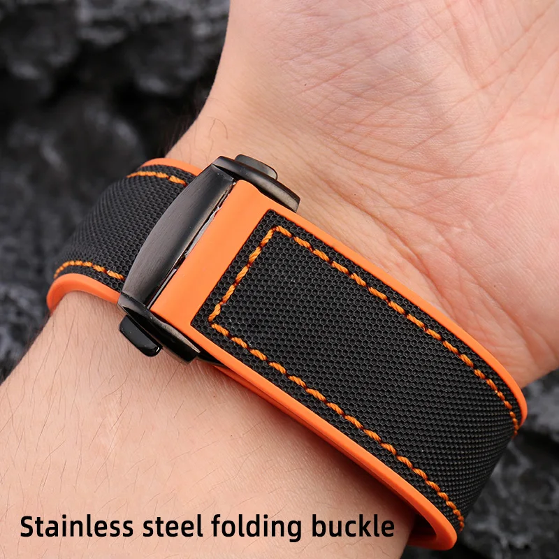 Fabric Nylon Silicone Watch Band For Omega Planet Ocean 600 Quarter Orange Seamaster 300 Rubber Strap Curved End WaterProof Men