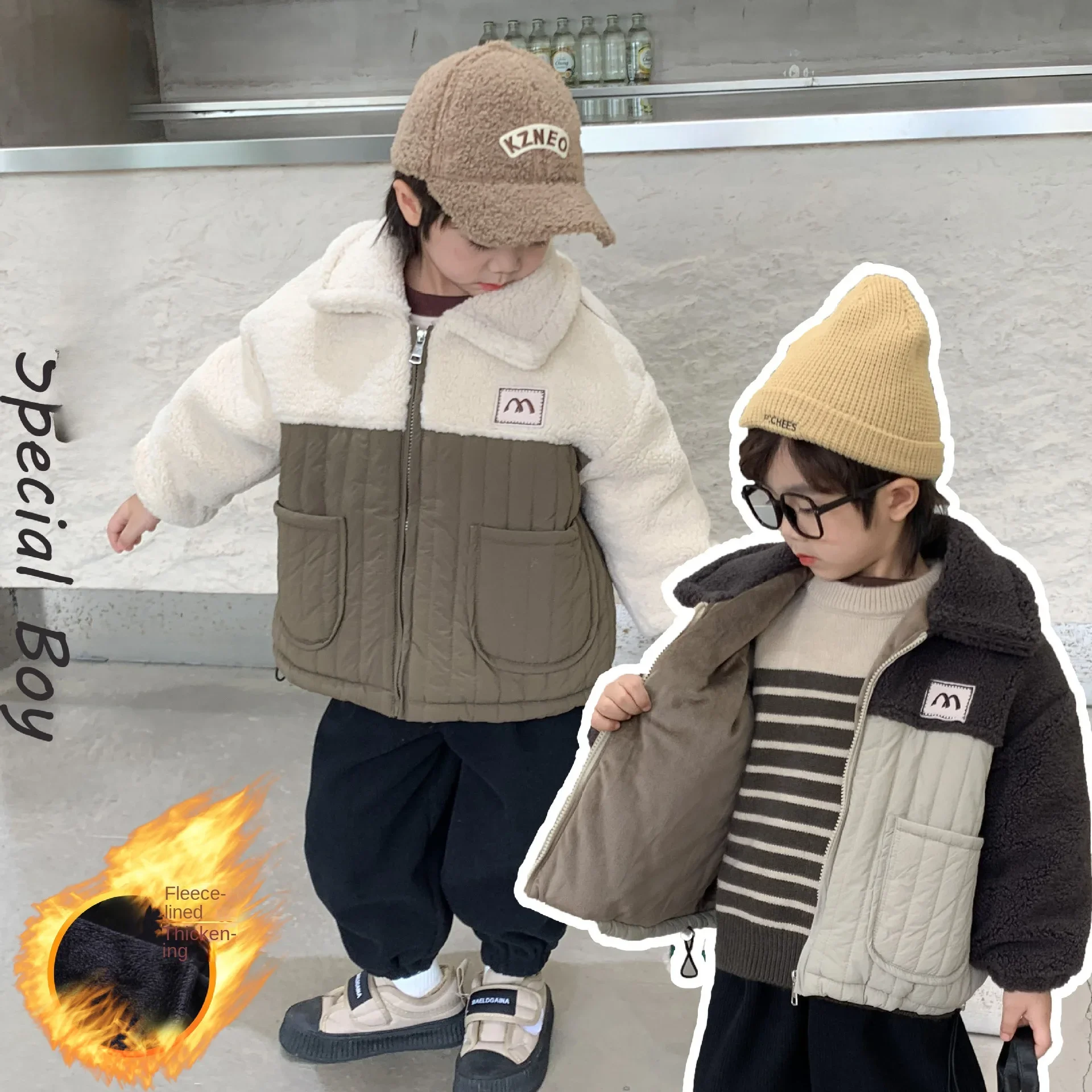 

Middle small children boys autumn winter Korean version matching color plus cashmere padded padded jacket lamb zipper coat