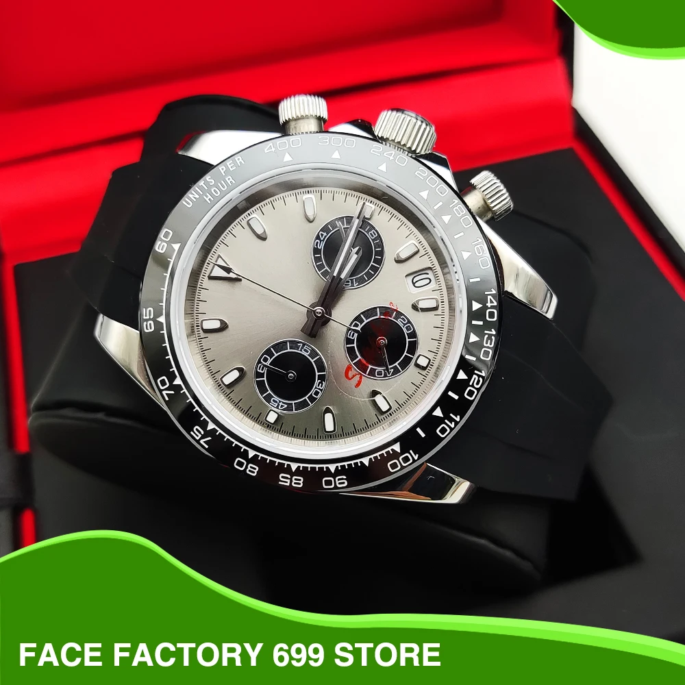 

Luxury grey three eyes chronograph panda sterile dial stainless steel quartz watch VK63 caliber sapphire glass men's watch