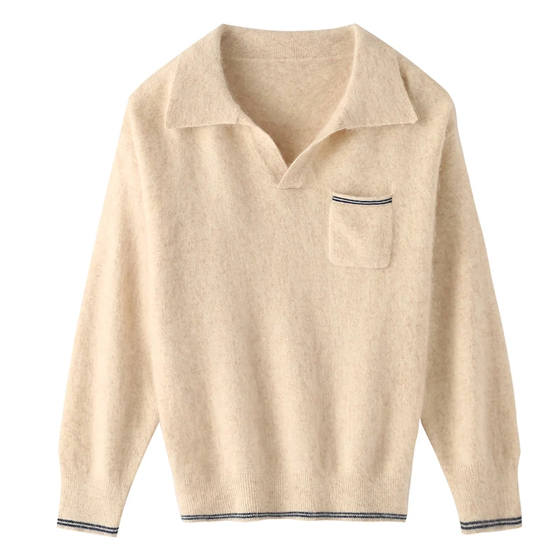 

Turn-Down Collar 100% Mink Cashmere Sweater For Winter Pullover Women Long Sleeve Knitwear Basic Elegant Warm Clothing Tops