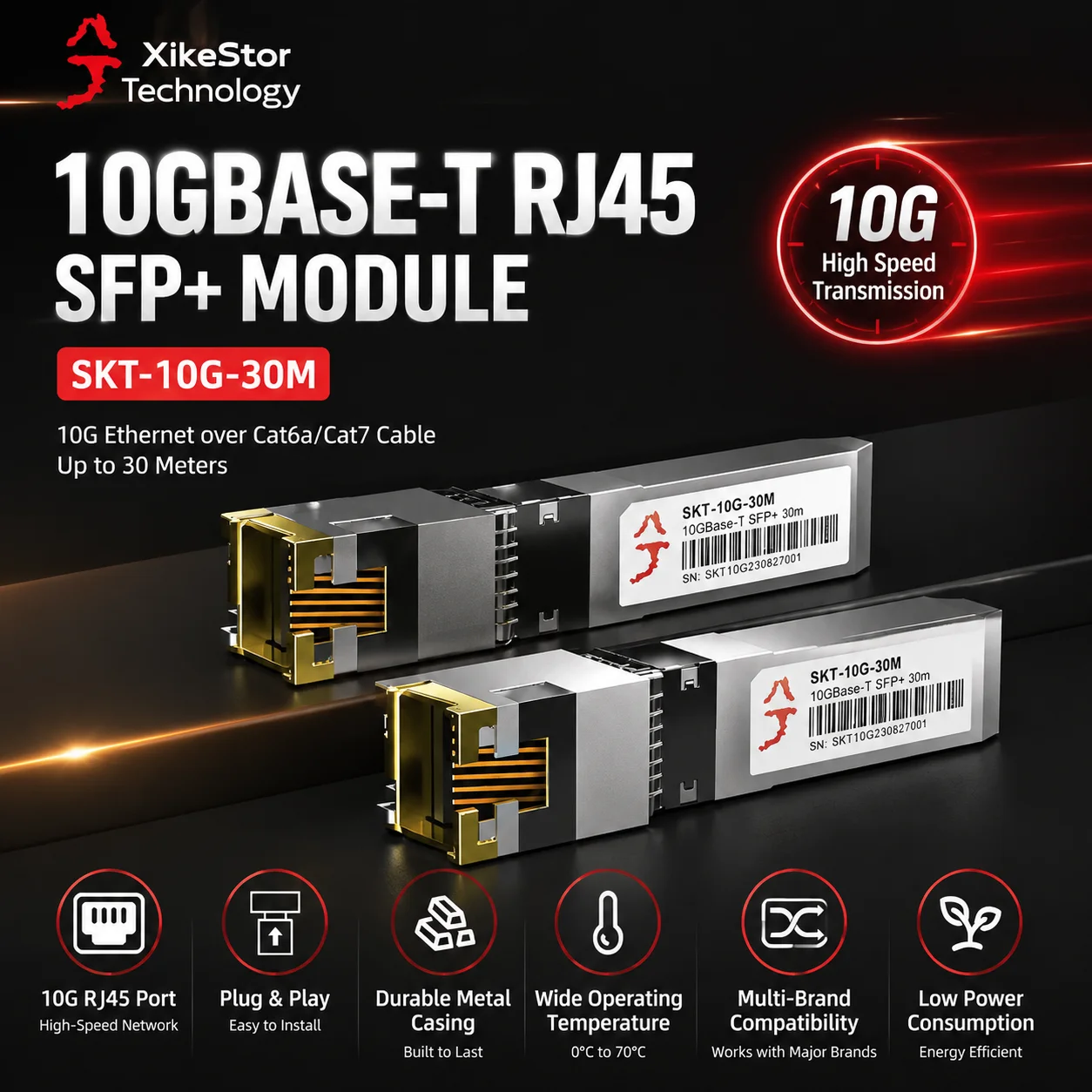 XikeStor SKT-10G-30M Módulo óptico a eléctrico para interruptor/servicio/enrutador/transceptor de fibra óptica Plug and Play