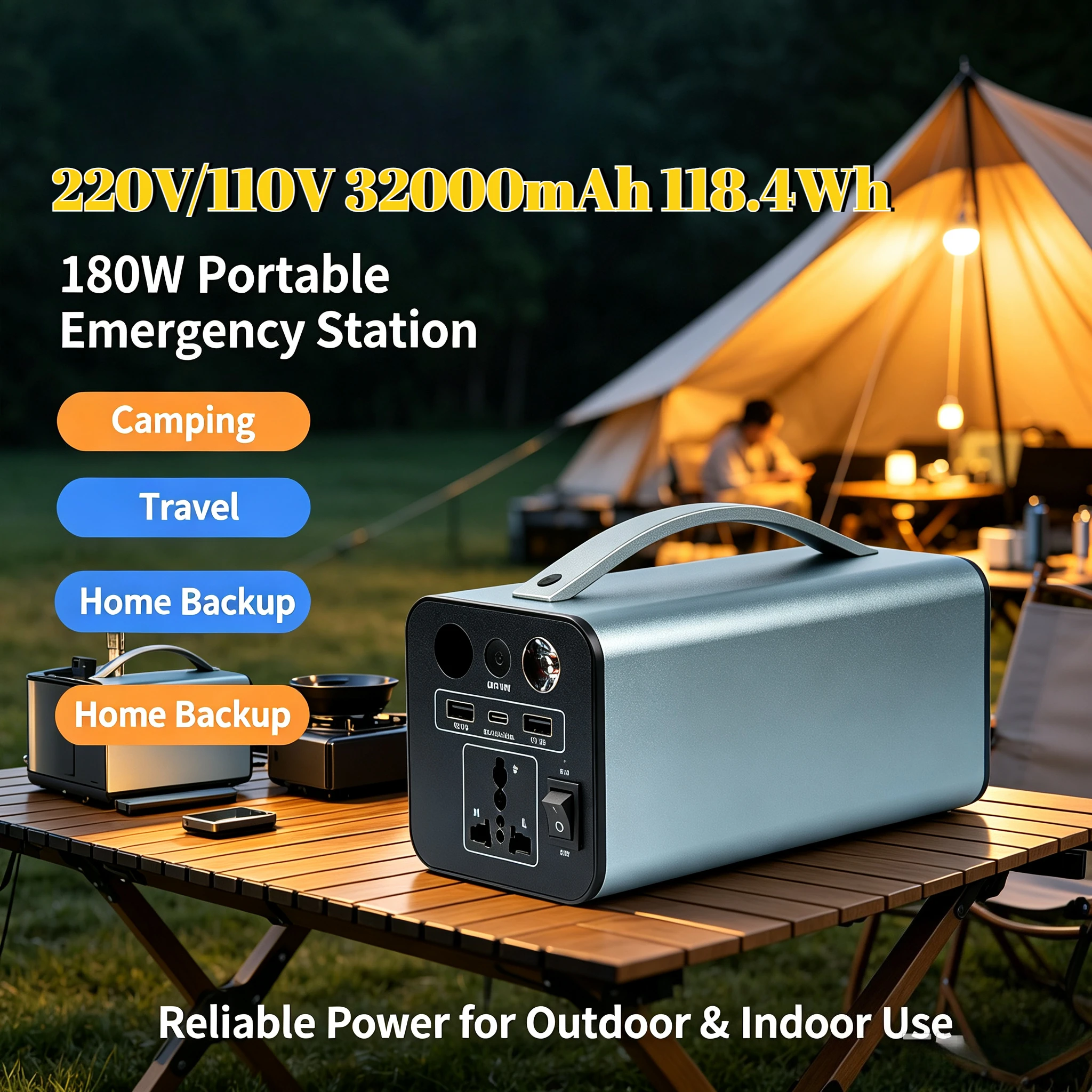 180W Portable Power Station 32000mAh 118.4Wh PD65W 110/220V Solar Generator Power Bank for Outdoor Camping Tent Travel Emergency