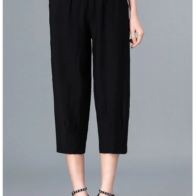 New Summer Loose Elastic Waist Casual Pants Seven-Foot Length High Waist Middle-Aged And Elderly Women's Fashion Trousers