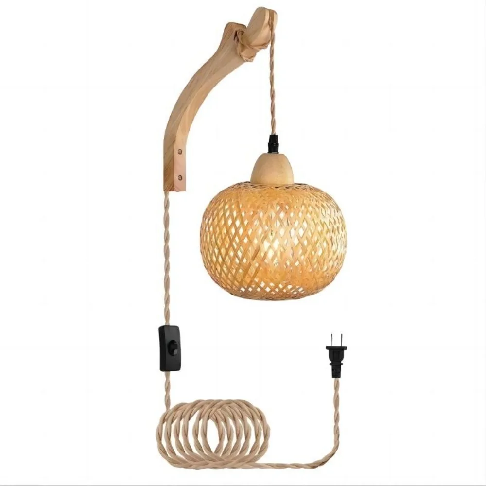 Wall mounted Pendant Lamp Plug-in Cable E26/E27 Rattan Bohemian Woven Light Bedroom Decoration Living Room Hanging Lamp