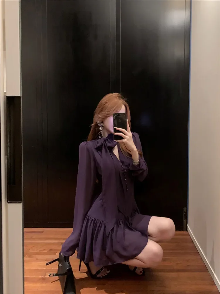 Summer Women Purple Black Mini Dress Long Sleeve Sexy Deep V Neck Slim Waist Ballet Dress 2024 Fashion Ribbon Short A Line Dress