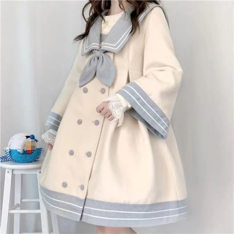 Giapponese carino dolce ragazze stile College cappotto di Tweed JK Lolita Kawaii Navy collare sciolto di media lunghezza Beige giacca di Tweed per