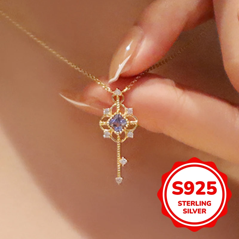 

s925 sterling silver ‘treasure purple key’ pendant necklace for women light luxury classic elegant fashion retro simple casual