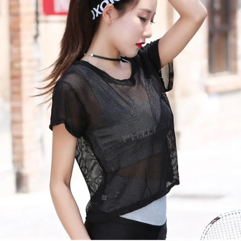Women's Mesh Yoga Shirt Sexy Short Sleeve T-Shirt Sport Top Blouse Cover Up Quick Dry Gym Clothes Running Fitness Tank Sportwear