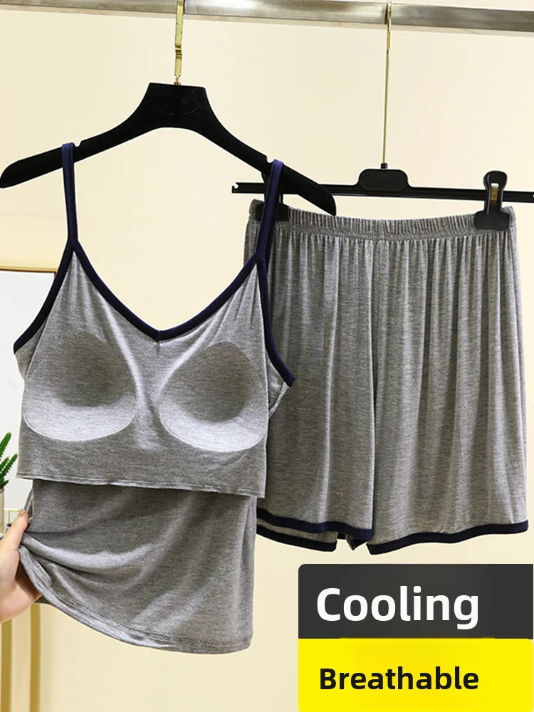 

Modal Thin Women's Nightgown Set with Chest Pad V-Ne ort Pants Two-Piece Suit Home Clothes Outdoor Wear No Bra Needed