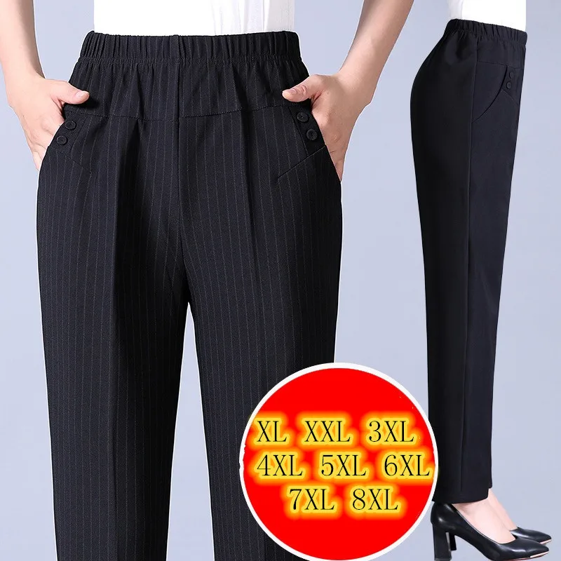 

Autumn Winter Warm Middle Aged Women Elastic Waist Casual Straight Pants Female Trousers Lady Stripe Black Pants 5XL 6XL 7XL8XL