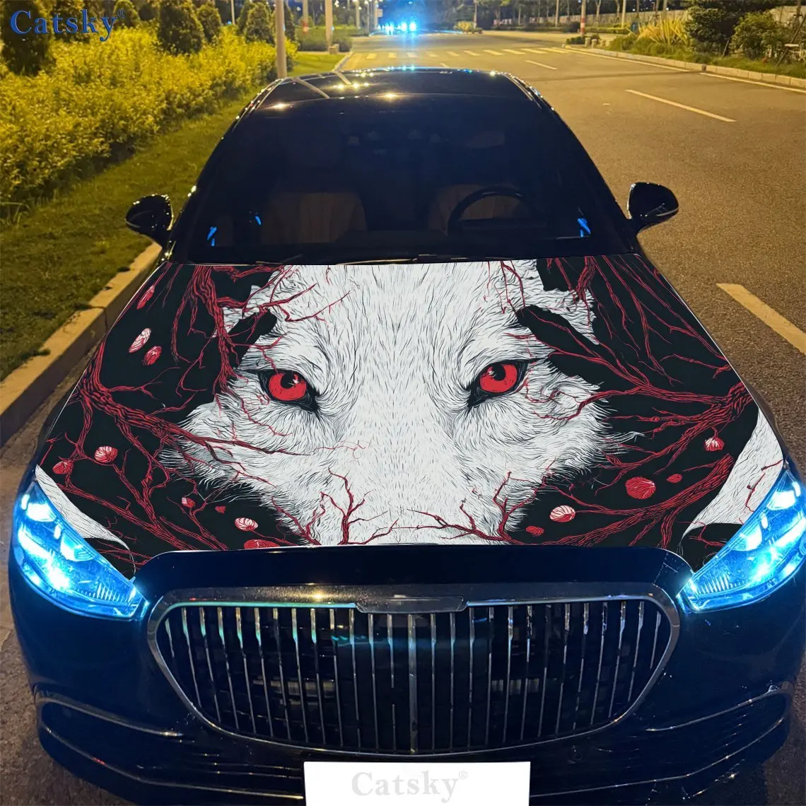 

White Wolf with Red Branches Car Hood Vinyl Wraps Sticker, Auto Decal, Waterproof Self-adhesive Vehicle Decal, Anti-scratch Auto
