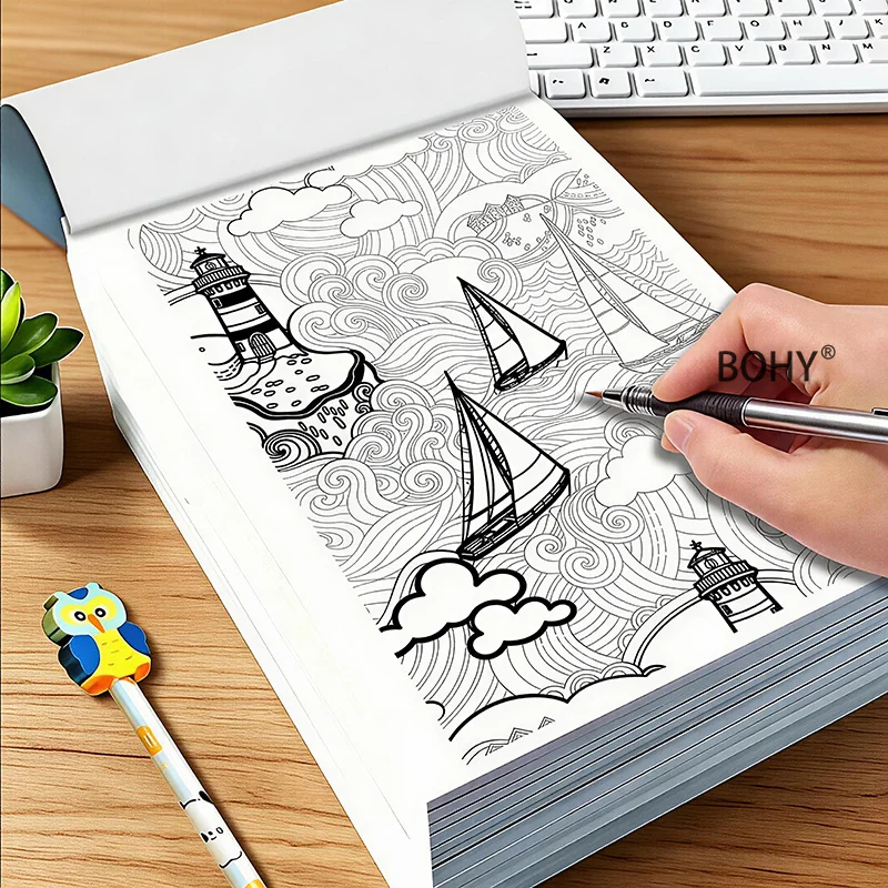 1 Adult Decompression Line Drawing Graffiti Album, Include Themes Such As Mountains/wild Flower/ Lighthouse/sailboats, 24 Pages