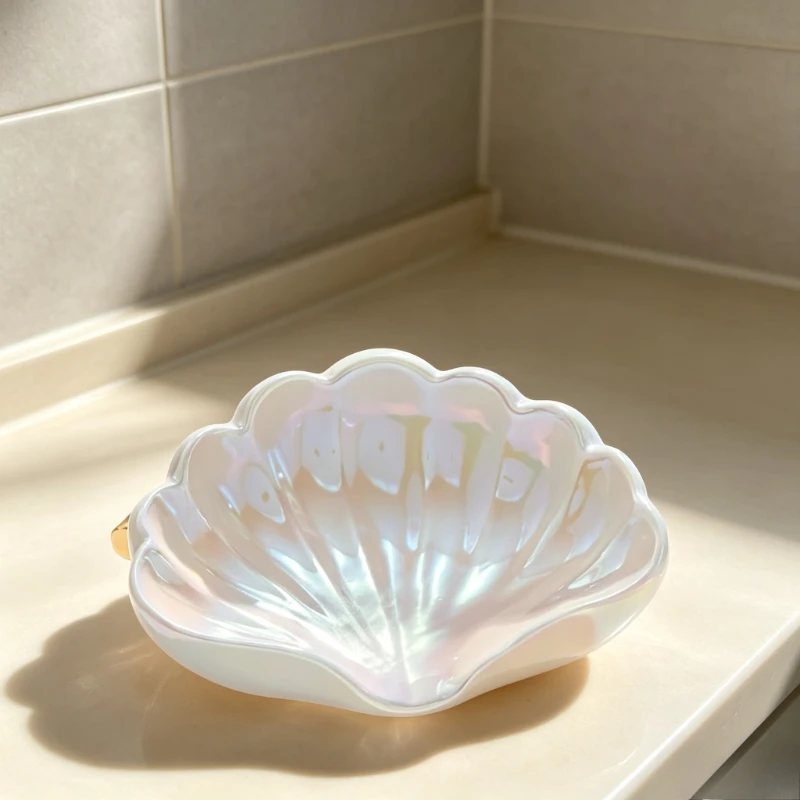 Luxury Shell Shaped Soap Dish, Creative Draining Soap Holder Plastic Soap Tray for Bathroom Sink Home Washroom Storage