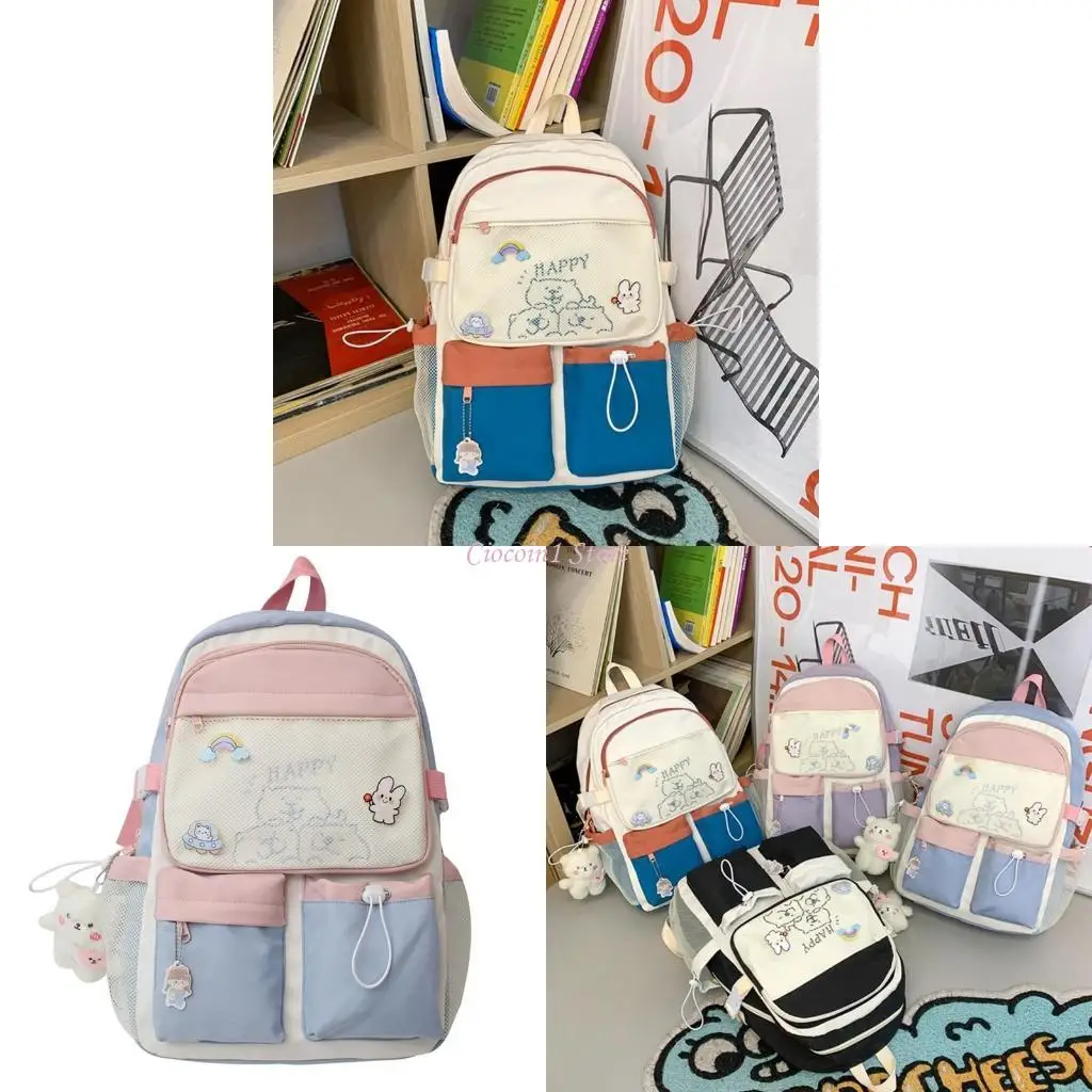 

Y1UB Junior High School Students Multicolor Backpack Primary School Students Bag with Badge Pendant and Bear