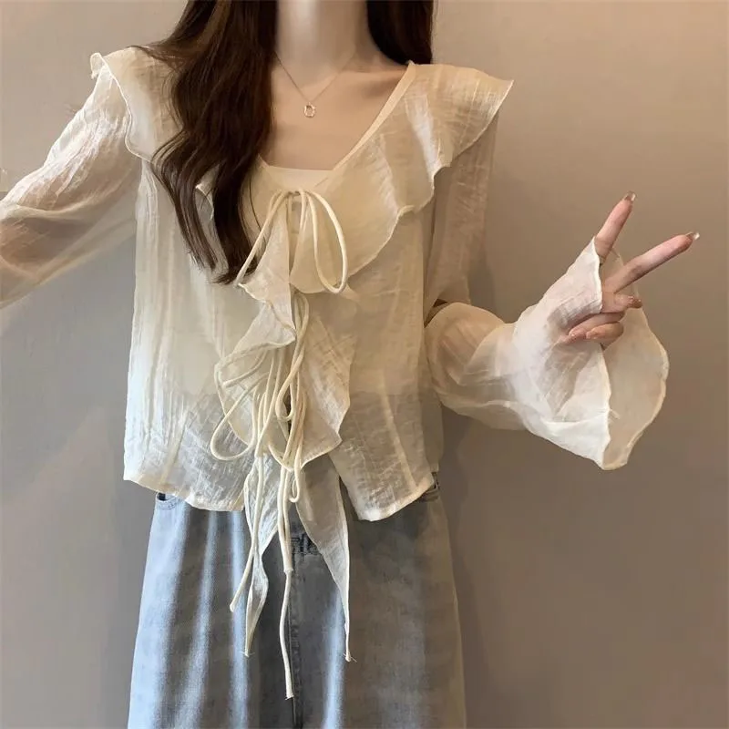 Lucyever Hemd für Damen, lässig, locker, gerüschte Kanten, gespleißte Bluse, weiblich, 2025, Frühling, Sommer, Schnürung, V-Ausschnitt, Sonnenschutz-Shirts