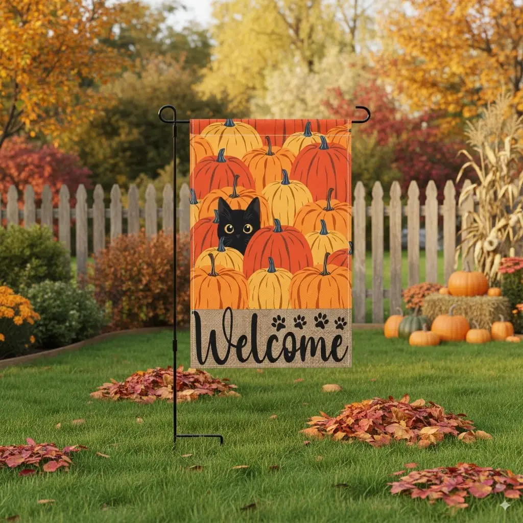 Fall Pumpkin Welcome Garden Flag 12x18 Inch Black Cat Double Sided Autumn Decor Thanksgiving Holiday Yard Flags Outdoor Deco jjp
