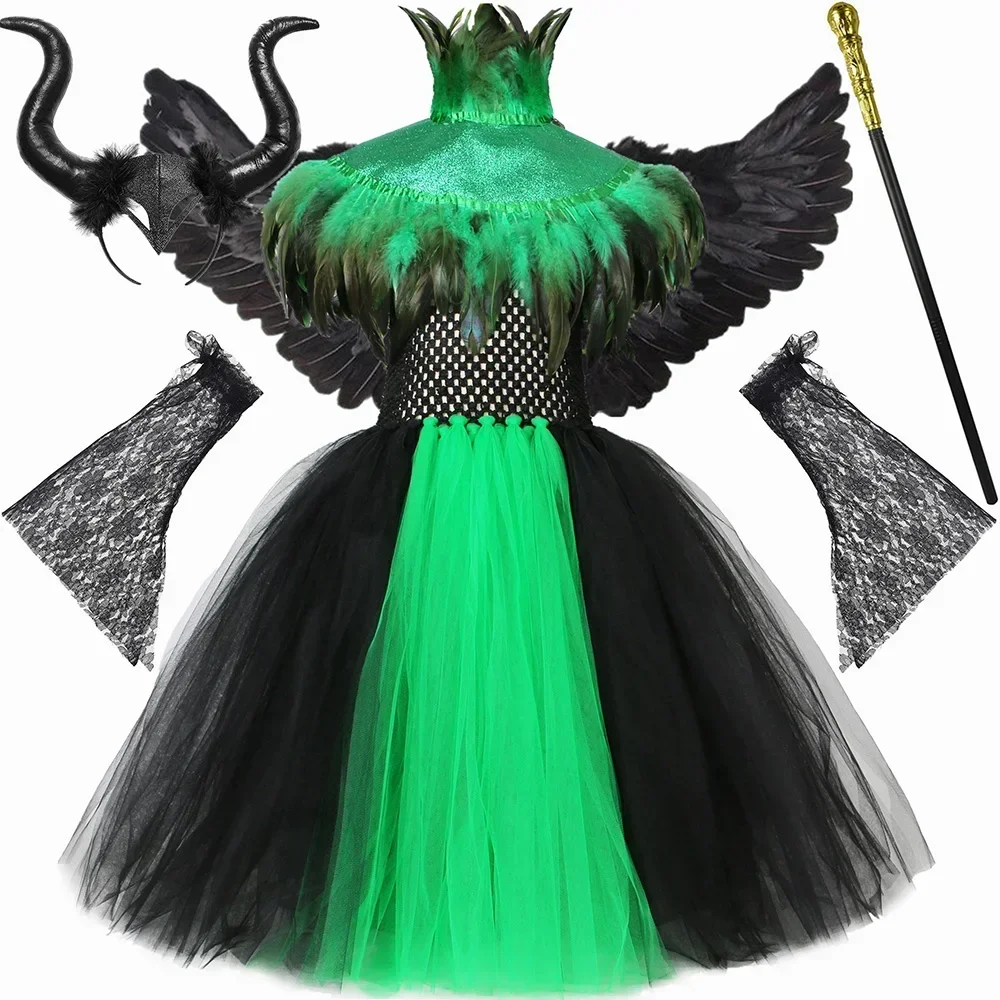 

Evil Queen Maleficent Witch Costume for Girls Halloween Carnival Dresses Feathers Cape Gothic Witch Tutu Dress Up Clothes