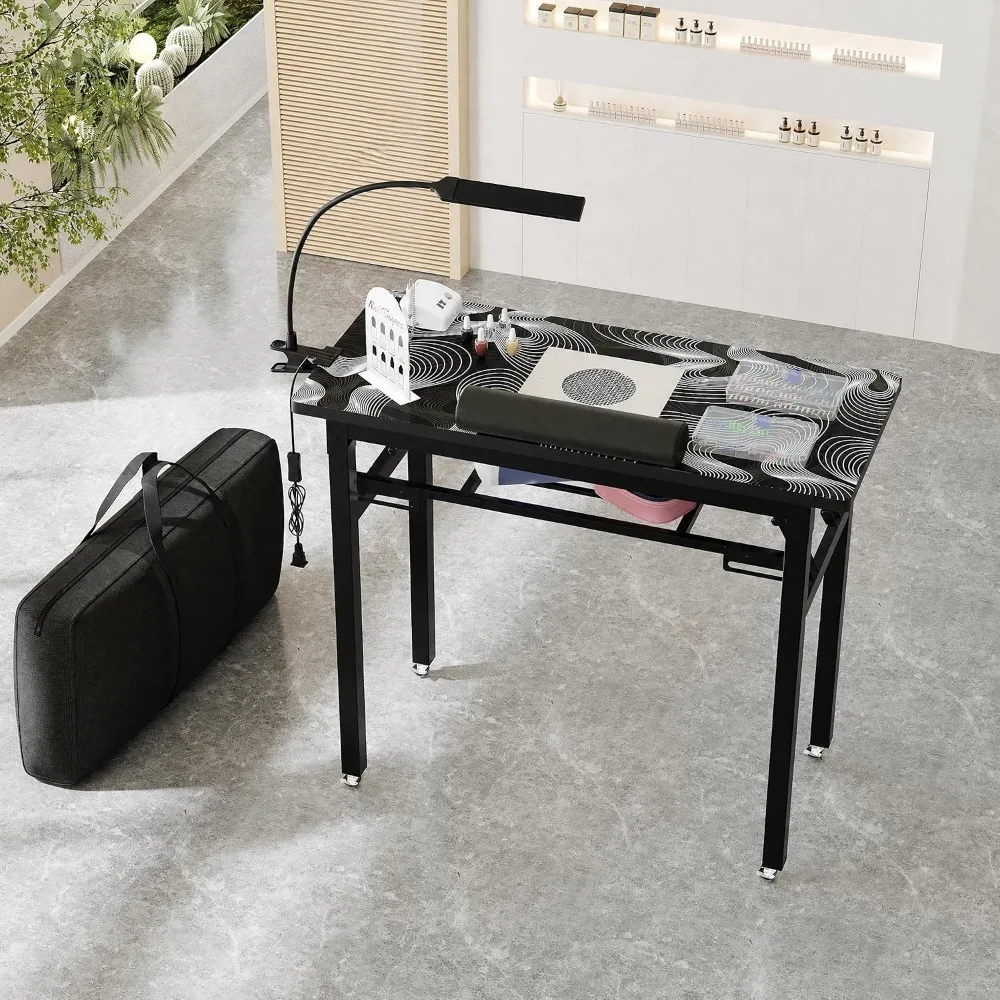Foldable Manicure Table with Dust Collector, Rolling Nail Desk, LED Lamp, Lockable Wheels