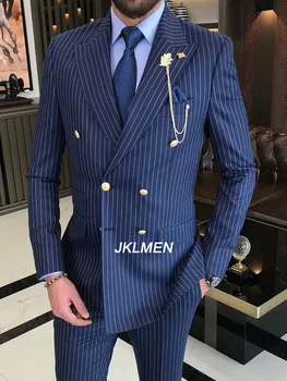 بدلة رجالية مخططة بصفين على الصدر ، بدلات لرفقاء العريس ، ملابس عمل غير رسمية راقية ، زفاف ، قطعتان ،