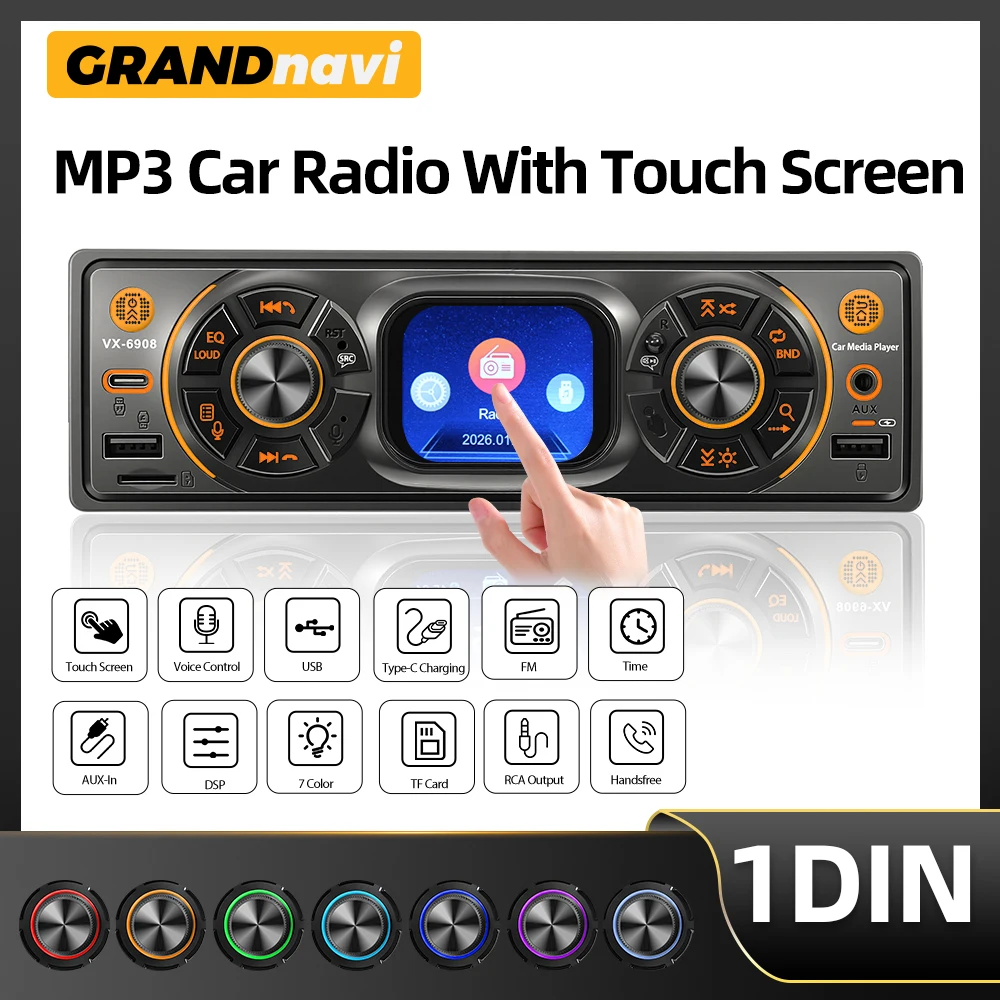

1Din Car Radio MP3 Player 2.2Inch Touch Screen Auto radio In-dash Bluetooth USB/SD/AUX-IN Colorful Lights DSP Voice Assistant