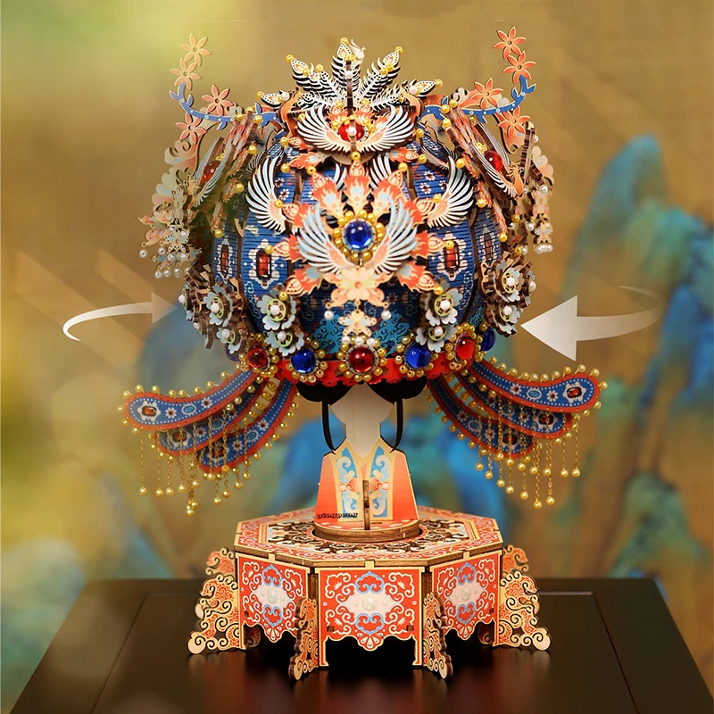 DIY 3D Wooden Phoenix Crown Music Box Jigsaw Puzzles Miniature Model Kits with Lights for Friends Birthday Gifts