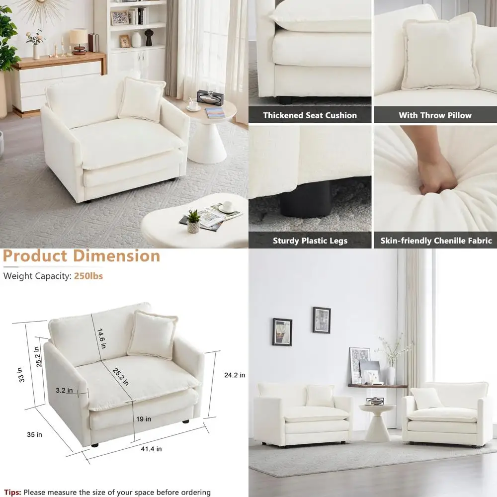 Tief sitzendes Einzelsofa aus Chenille-Stoff mit Kissen für den bequemen Einsatz im Wohn- und Schlafzimmer