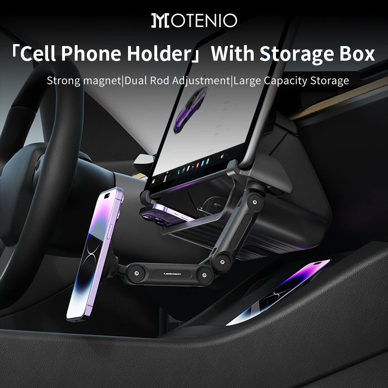 

MOTENIO Cell Phone Holder With Storage Box Foldable Wireless Magnetic Phone Hoder Dual Rod Adjustment for TESLA Model 3/Model Y