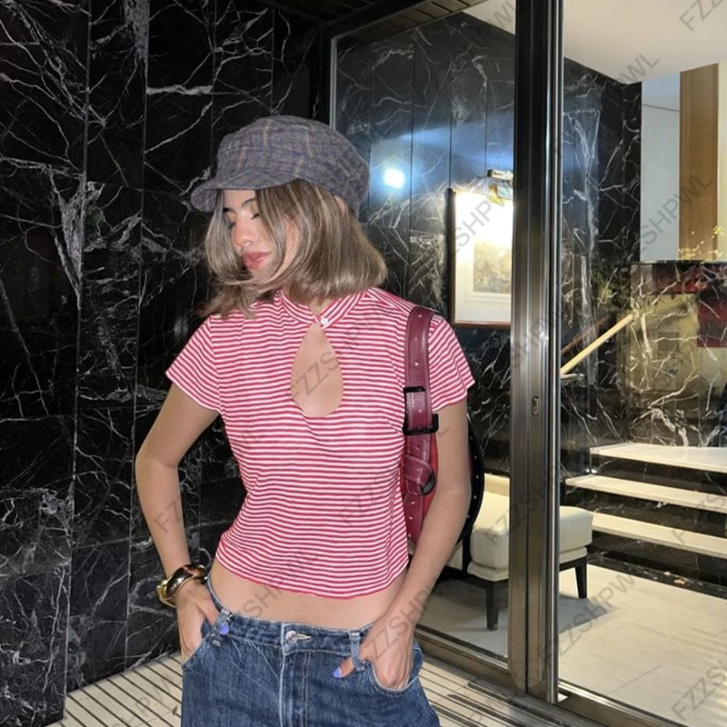 Y2K المرأة تي شيرتات قصيرة الاكمام مخطط الجمالية Harajuku الشارع الشرير شارع العليا القمامة ايمو الفتيات اليومية عادية ركاب المحاصيل الأعلى #2