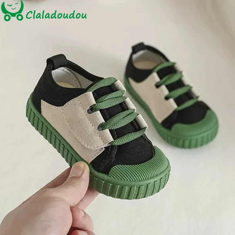 2023 Spring New Style Patch Canvas Shoes With Genuine Leather,Green Pink Soft Rubble Sneakers For Children Boys,Breathable Shoes