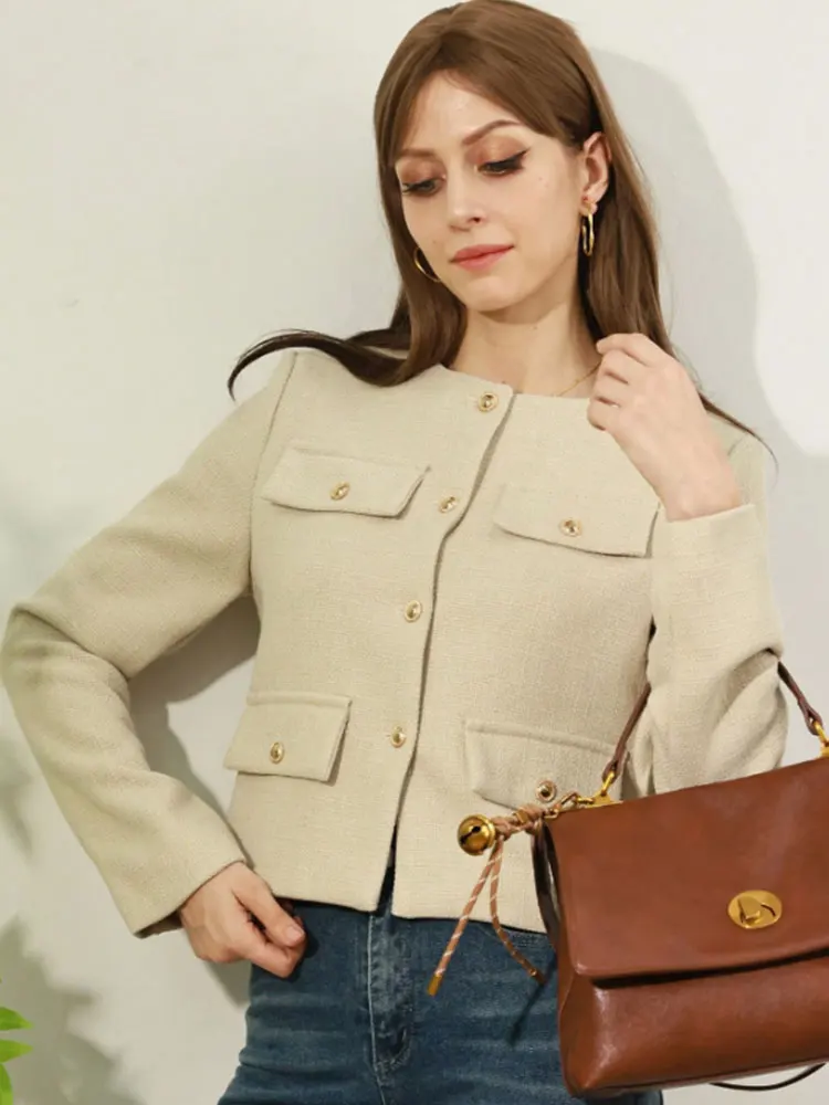 HH Giacca da donna elegante moda solida autunno monopetto girocollo cappotto con tasche top capispalla da donna da ufficio