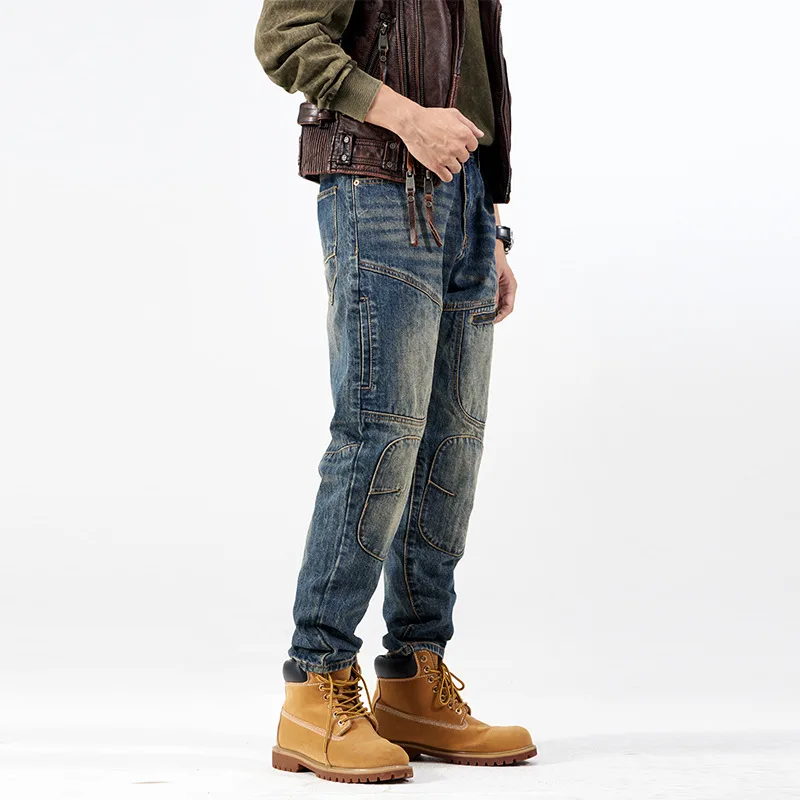 Autumn New Fashion Men's Loose Simple Basic Solid Color Spliced Casual Trendy Straight Denim Trousers Male Zipper Jeans Pants
