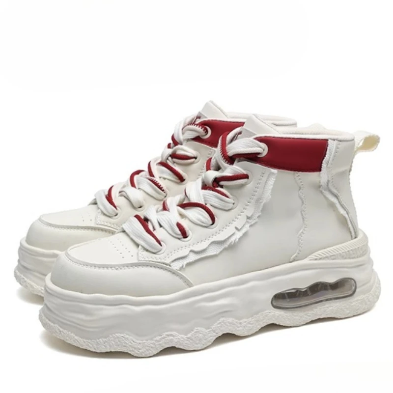 Genuine Leather White High-top Board Shoes for Men's Comfortable Breathable Casual Sneakers Buffer Soft Soled Heightening Shoes