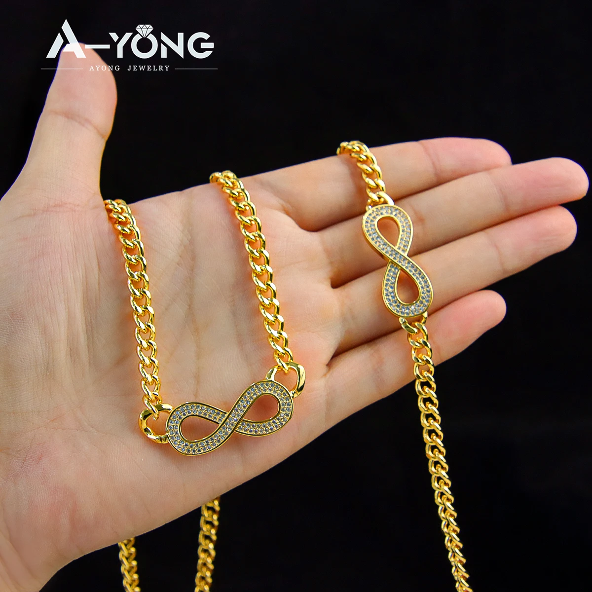 Italienisches Mode-Zirkonia-Schmuckset, 21 Karat vergoldet, Unendlichkeits-Anhänger, Halskette, Armband, arabische Frauen, Event-Party-Schmuck – Detail 4