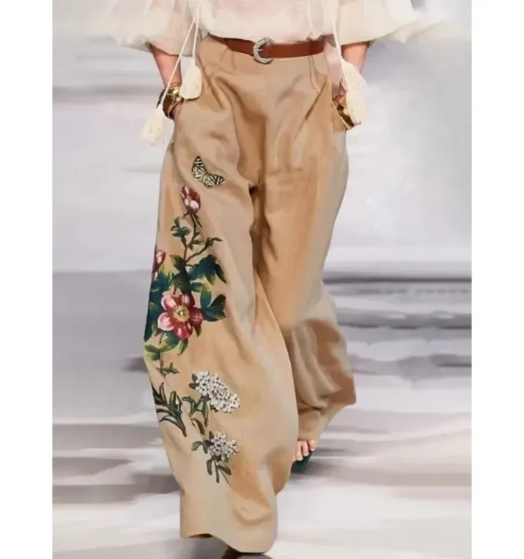 Women's Wide Leg Pants With Belted 2025 Spring Summer Floral Printed Loose Vintage High Waisted Casual Trousers for Urban Woman