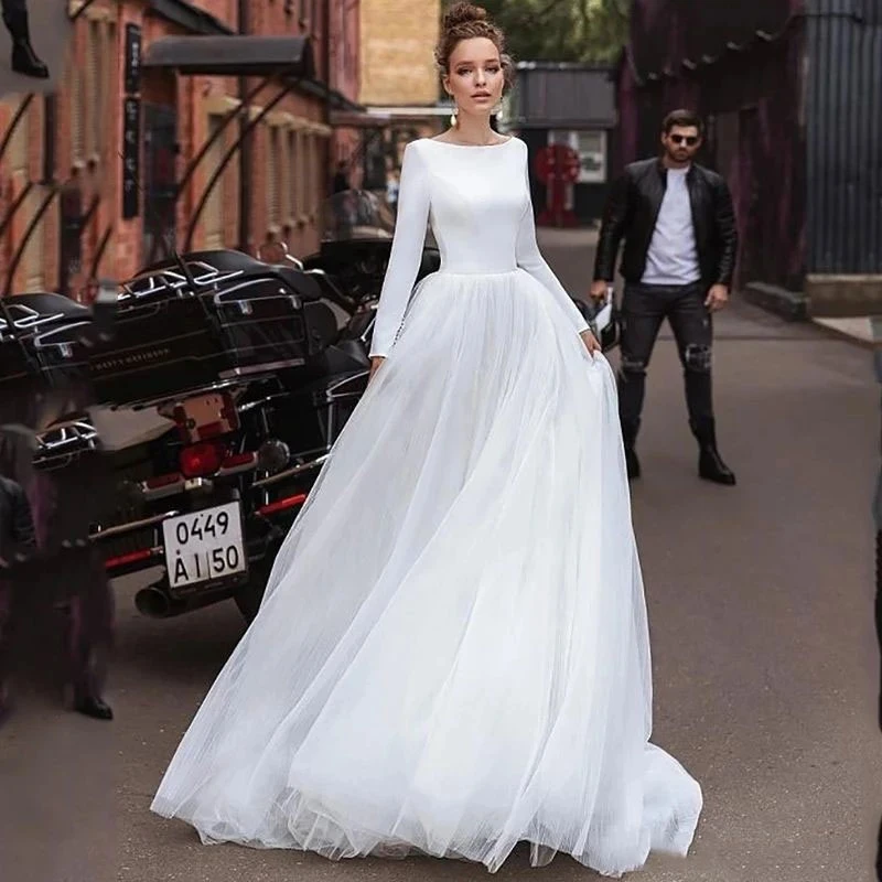 

Robe De Mariee Long Wedding Dress 2023 Tulle A Line Simple Satin Long Sleeves Robe De Soiree Backless Bridal Dress