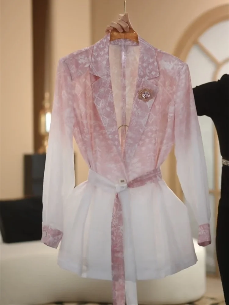 2025 Estate Nuovo Set completo professionale Donna Cappotto dimagrante rosa sfumato di alta qualità + Pantaloni casual a gamba larga Set da pendolare