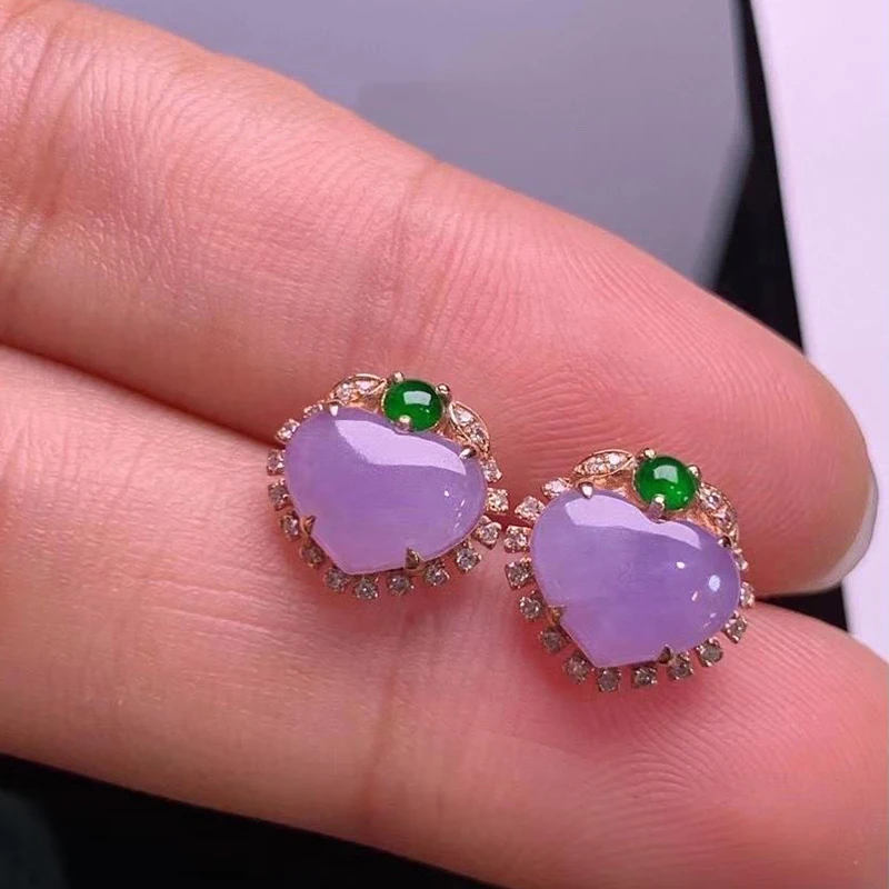 New silver inlaid crystal natural violet chalcedony heart earrings ethnic style retro niche design ladies jewelry