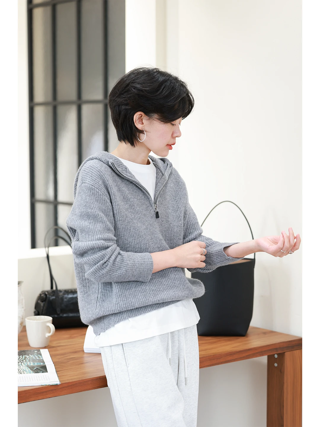 

Soft Full Wool Zipper Hooded Sweater Women's Lazy Sle Loose Knitted Outerwear Inner Match Layered Top Spring Autumn Winter