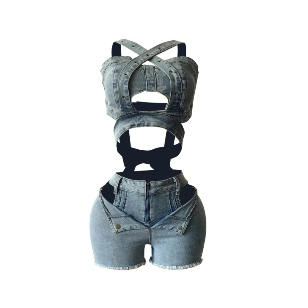 Retro Cowboy Shorts Sets Spicy Girl Style Jumpsuits Denim Crop Top Shorts Women Clothing Cross Belt Sleeveless Bodysuit Summer