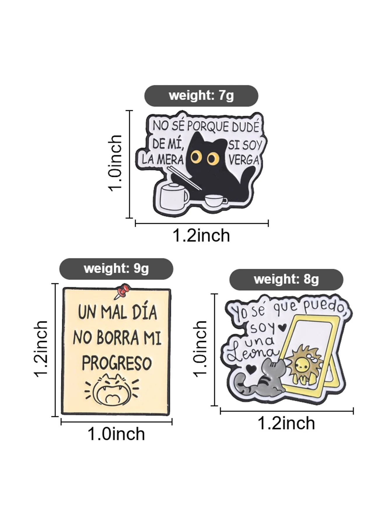 Set of 3 Spanish Inspirational Cat Brooches: Confidence Slogan Black Cat, Mirror, Lion Metal Enamel Pins, Latin American Style Backpack Accessories Badges