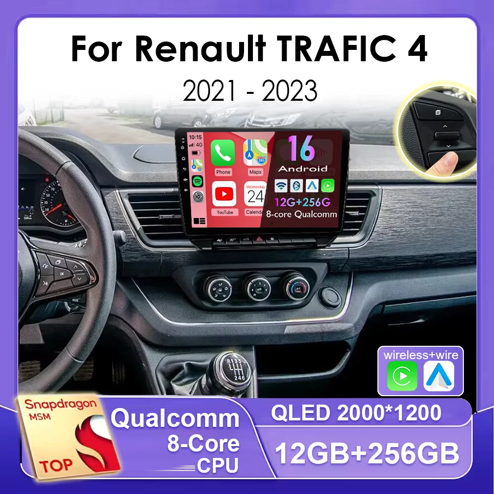 Rádio Automotivo Multimídia com Tela 2K de 10 polegadas, Android 16, Carplay Auto, para Renault TRAFIC 4 2021 2022 2023, Unidade Central Estéreo.