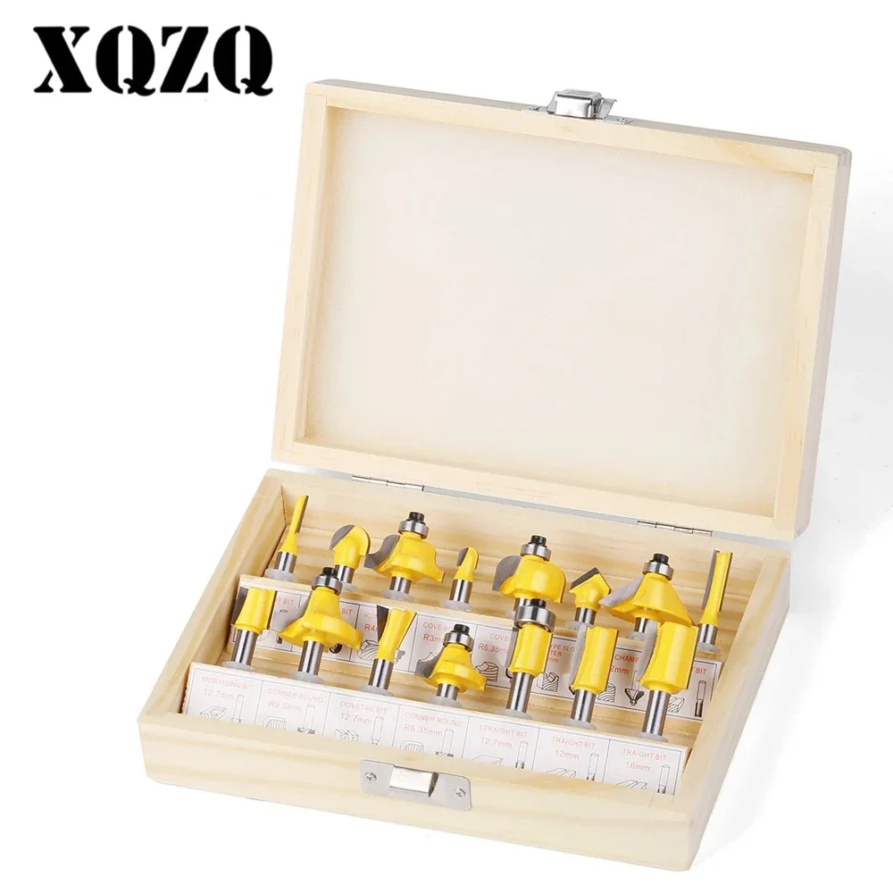 

15PCS 1/4in 1/2in 6mm 8mm Shank Router Bit Set Trimming Straight Beading Milling Cutter Carbide Cutting Woodworking Tools