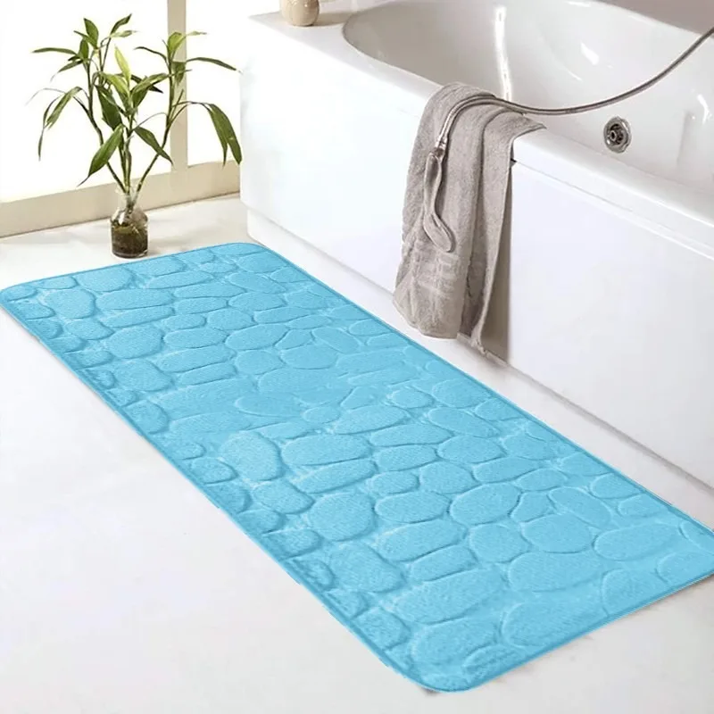 Long Bathroom Mat Blue Pebble Texture Anti Slip Floor Mat Multi Color Options Water Absorbent Soft Suitable for Bathroom Decor