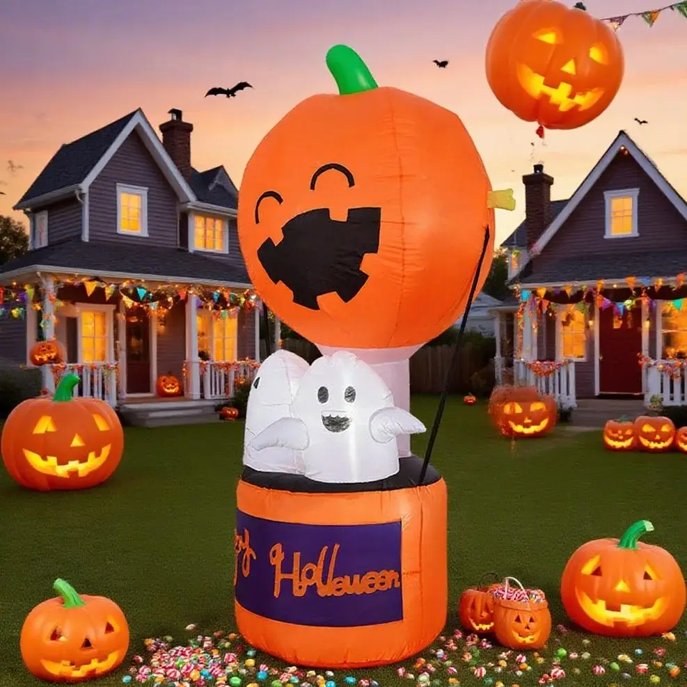5.9 FT Halloween Inflatable Pumpkin Hot Air Balloon Ghost Blow Up Pumpkins and Ghost Built in Holiday Decoration
