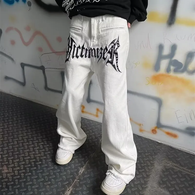 2022 Cool Design Leather Embroidery White Baggy Men Jeans Pants Y2K New Fashion Streetwear Straight Loose Hip Hop Denim Trousers