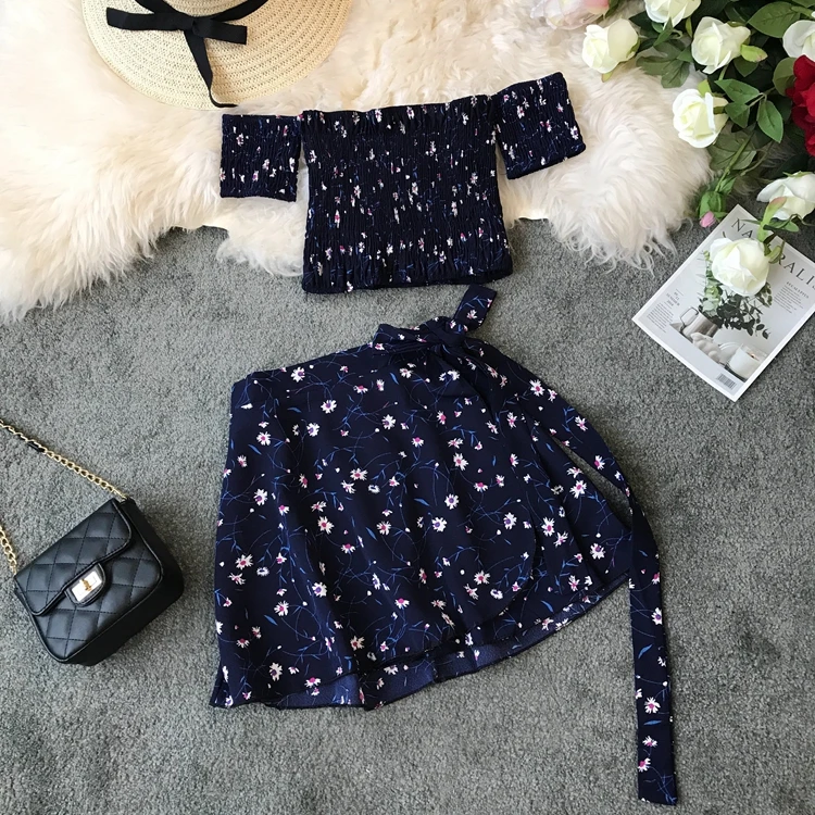 Summer Floral 2 Piece Sets Outfits Sexy Slash Neck Off Shoulder Shirt Crop Top&High Waist Mini Skirt Small Girl 2pc Dress Suits