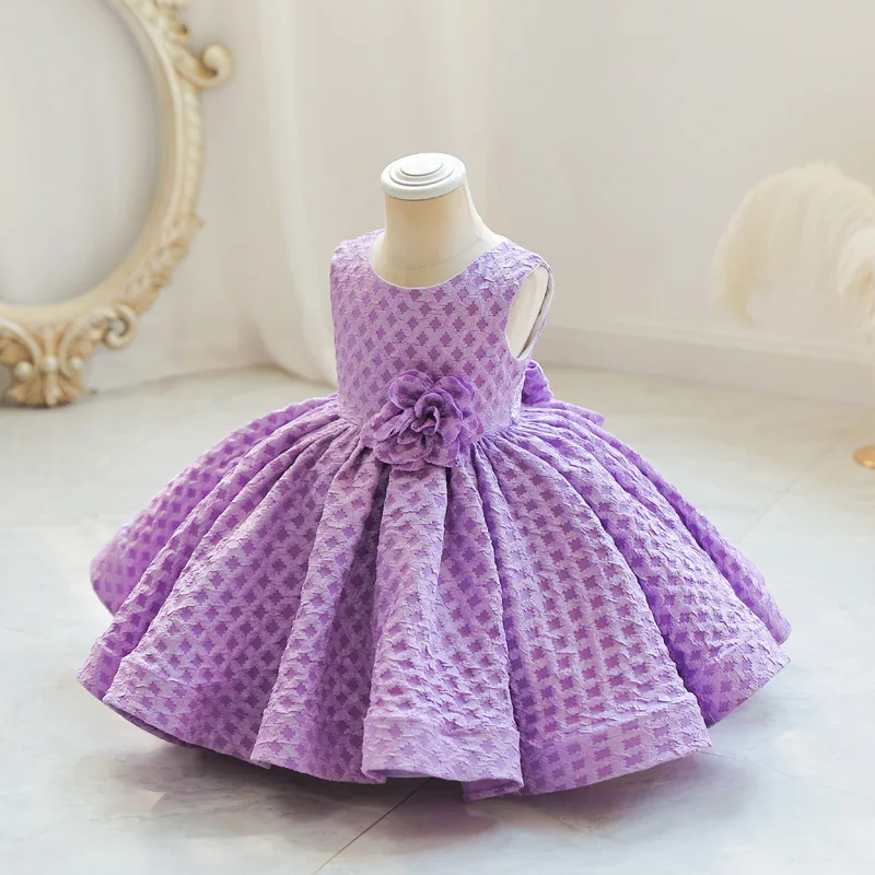 HETISO Super Sweet Solid Plaid Flower Bowknot Sleeveless Baby Dress One-piece Kids Evening Birthday Party Outfit For Girls