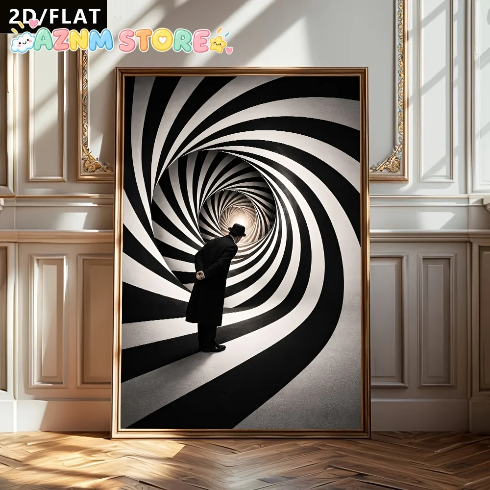 2027 1pc 2D/Flat 1pc Black And White Spiral Tunnel Character Decoration Painting, Modern Abstract Art Poster, Suitable for Ha