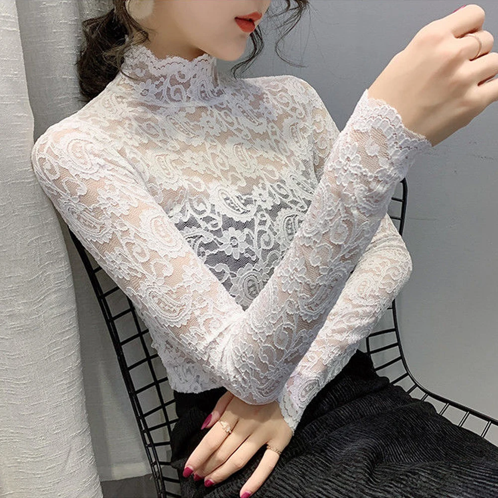 

New Transparent Thin Slim Stretch T Shirt Top Women Paisley Lace Female Blouses S-2XL Black White Apricot Cheaper Tops Clothes